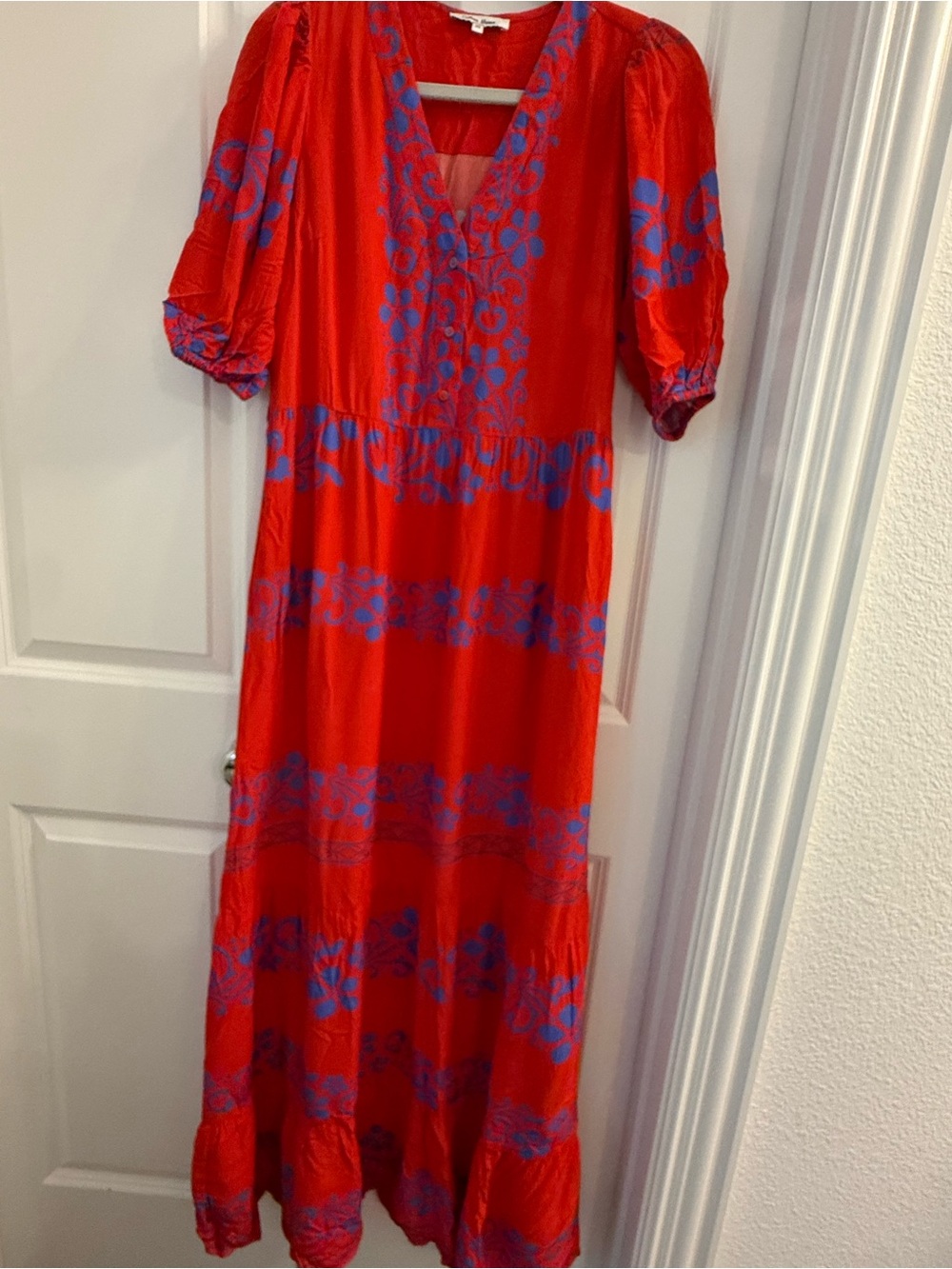 CELINA MOON Red Maxi Dress with Blue Floral Print
